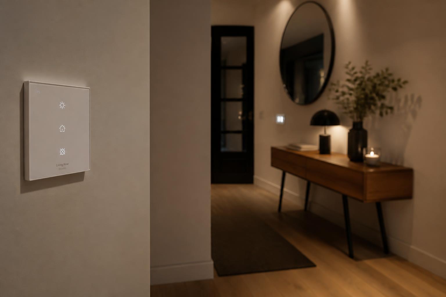 Bouton domotique installé dans une entrée, ambiance soir