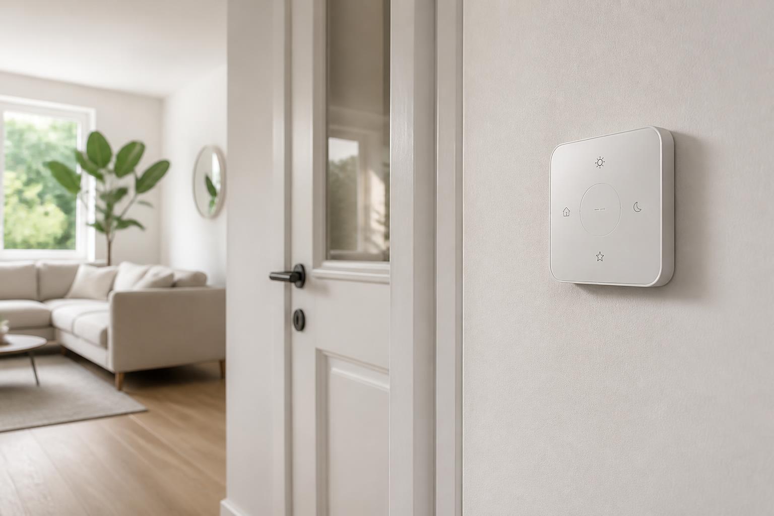 Bouton domotique installé près d'une porte dans un salon